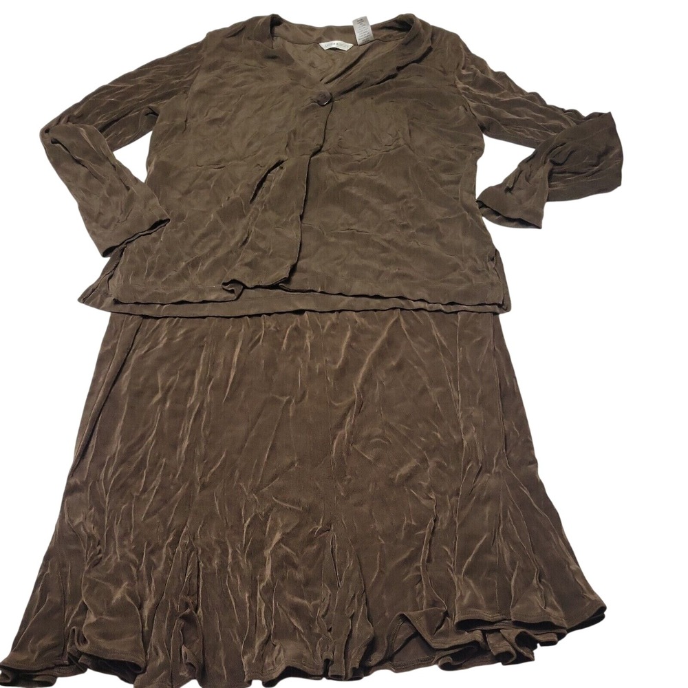 Laura Ashley Set Women M Cardigan Top Brown One Button Midi Skirt Slink Material